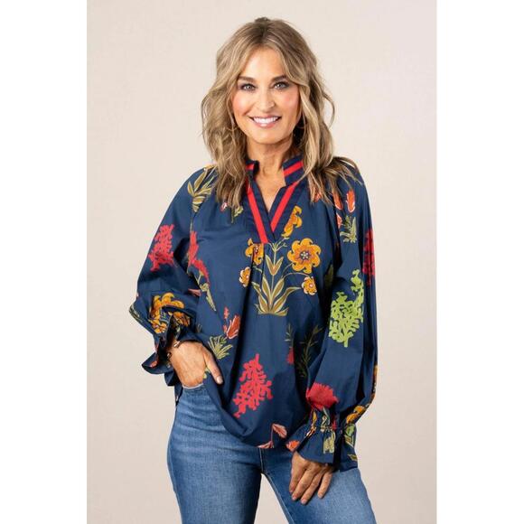 Umgee Tops - Umgee Women’s Sz S Botanical Floral Print Scalloped Lace Trim Short Sleeve Top